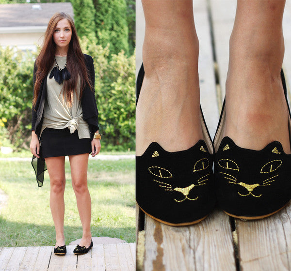 Embroidered Suede Cat Face Flats
