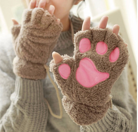Cat Paw Plush Fingerless Gloves