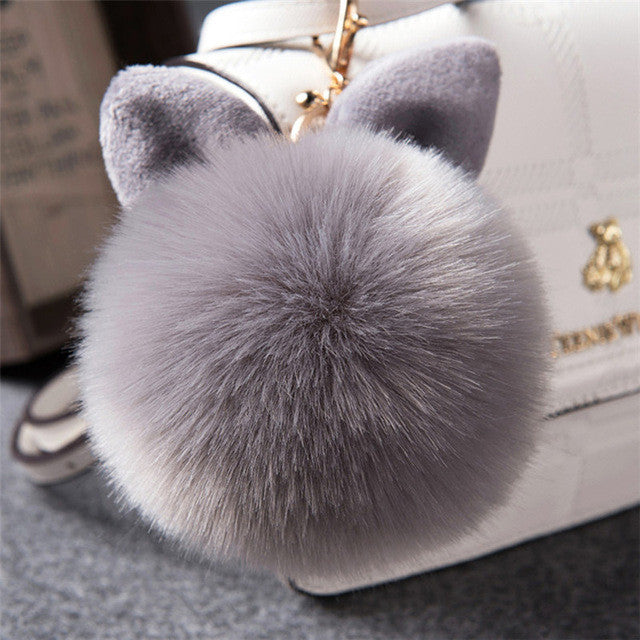 Cat Ears Faux Fur Pom Pom Charm Keychain