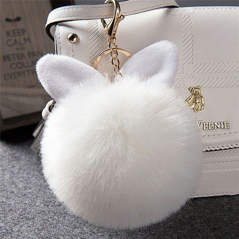 Cat Ears Faux Fur Pom Pom Charm Keychain