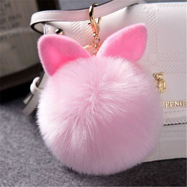 Cat Ears Faux Fur Pom Pom Charm Keychain