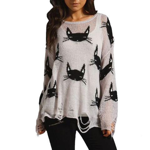 Cat Print Sheer Sweater