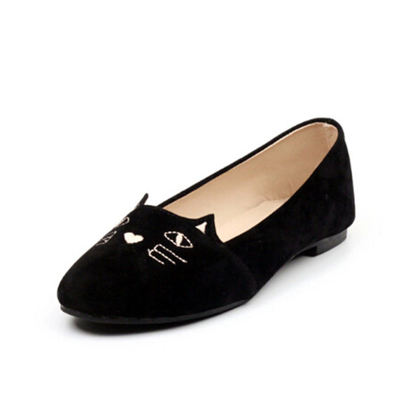 Embroidered Suede Cat Face Flats