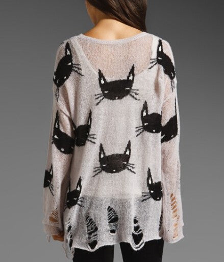 Cat Print Sheer Sweater