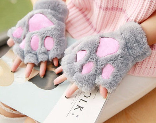 Cat Paw Plush Fingerless Gloves